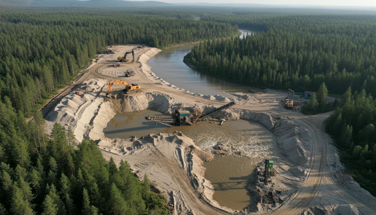 Разработка россыпного месторождения золота: песчаный карьер с экскаваторами и промывочной техникой у реки в тайге.