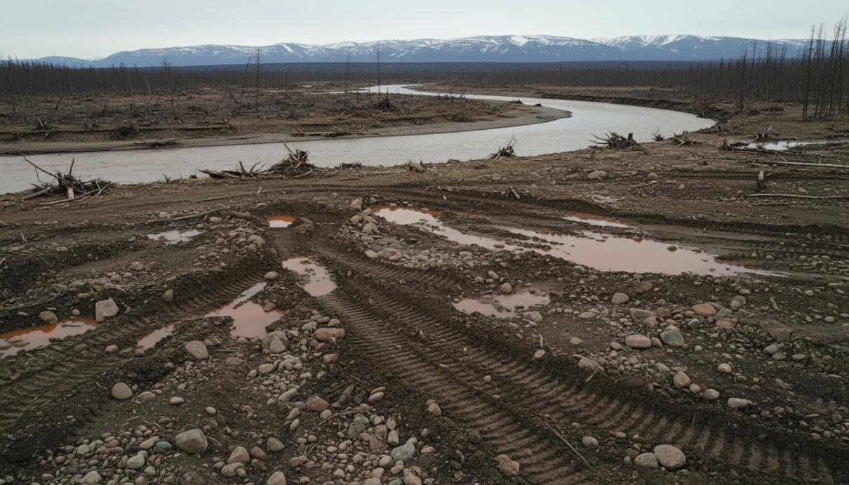 Разрушенный почвенный покров и мутная вода у берега реки в Сибири, следы тяжелой техники на земле после добычи золота.